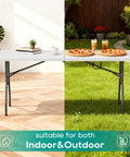 Six Foot Folding Table For Indoor And Outdoor Use Portable Picnic Party Table With Carrying Handle Fold In Half Design Lightweight White Plastic