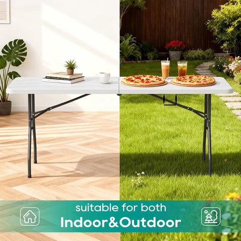 Six Foot Folding Table For Indoor And Outdoor Use Portable Picnic Party Table With Carrying Handle Fold In Half Design Lightweight White Plastic