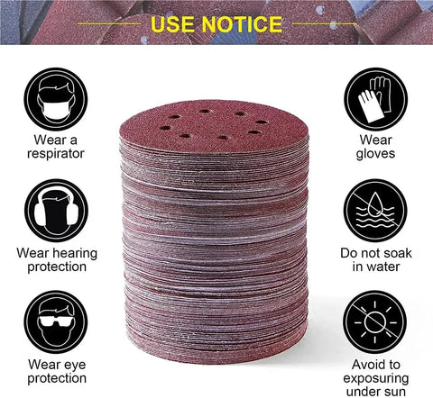 5 Inch Sanding Discs with Hook Loop Back for Random Orbital Sanders, showing safety use notice with icons.