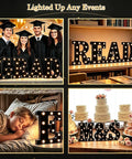 Collage of lit black alphabet marquee letters used for graduation, reading spot, child's night light, and wedding decor.