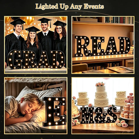 Collage of lit black alphabet marquee letters used for graduation, reading spot, child's night light, and wedding decor.