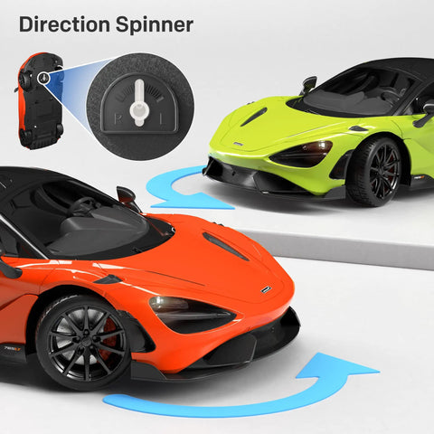 Orange and green McLaren Licensed Remote Control Car One Twelfth Scale With Lit Headlights And Fast Twelve Kilometers Per Hour Speed Powered By 900mAh Battery showing direction spinner