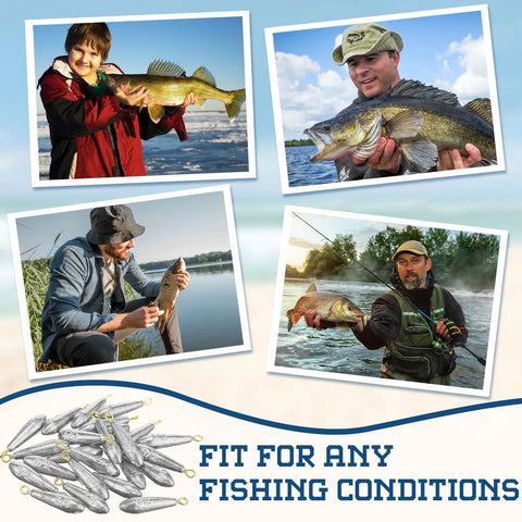 Collage of anglers showcasing catches using the Drop Shot Fishing Sinker Weights Kit 24 Pieces Half Oz Each for Freshwater Catfishing.