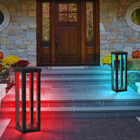 Solar Patio Floor Lamp 2 Pack Waterproof RGB Color Changing Garden Path Lights on porch steps at night