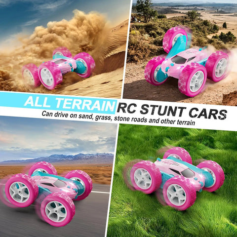 Pink Remote Control Car For Girls, 2.4GHz Dual Sided Stunt RC Car With 360 Degree Rotating Wheels And Headlights off-road driving