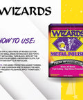 Wizards Metal Polish box front view; yellow and purple packaging for brass, stainless and aluminum, 3 oz