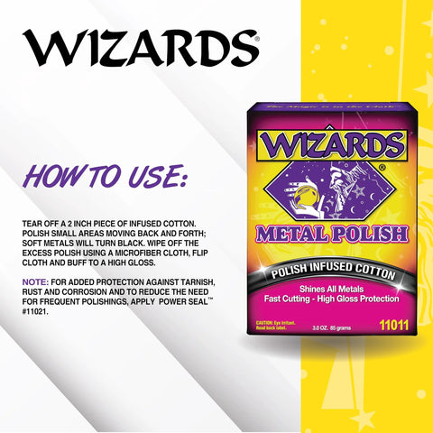 Wizards Metal Polish box front view; yellow and purple packaging for brass, stainless and aluminum, 3 oz