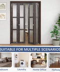 Space-Saving Bi-Fold Doors For 60 By 80 Inch Openings with Ancient Wood Finish and Three-Lite Tempered Frosted Glass in a living space.