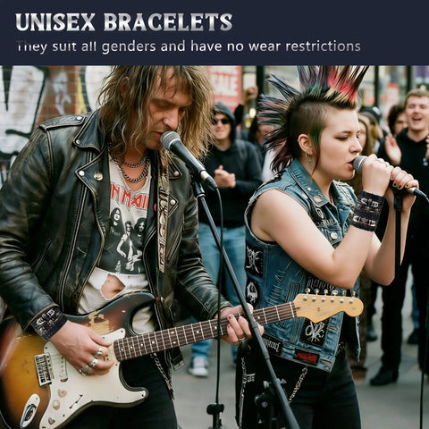 Badass Punk Leather Bracelet Set With Studded Spike Cuffs And Skull Details Kicking Up That Dope 80s Rock Vibe worn during live performance.