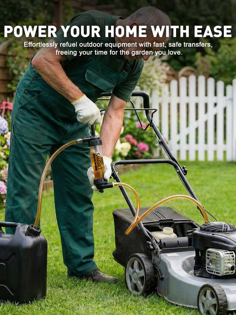 Man using Cordless Gas Siphon Pump With Clear View Fuel Transfer 5 Second Tool Free Setup Upgraded Quick Connect Shark Bite Fitting on lawnmower