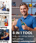 Man holding 8 In 1 Wire Stripper With Voltage Tester And Crimping Tool For Electricians All In One Wire Cutter And Electrical Tester Set