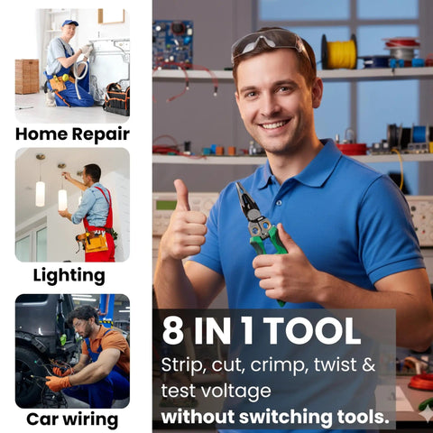 Man holding 8 In 1 Wire Stripper With Voltage Tester And Crimping Tool For Electricians All In One Wire Cutter And Electrical Tester Set
