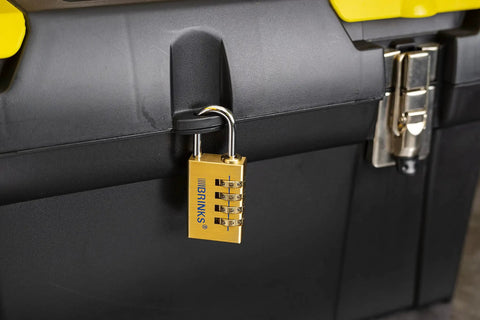 Beefy 30mm Solid Brass Padlock With Chrome Plated Hardened Steel Shackle, 4-Dial Resettable Combination Lock on black toolbox