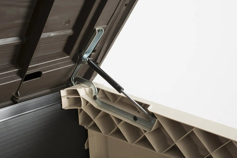 Detailed view of the hinge mechanism inside the All Weather Heavy Duty Outdoor Storage Shed Made From Resin Plastic For Forty Two Cubic Feet Of Easy Patio Garden Tool Organization In Earthy Brown Shade.