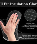 Image of hand wearing insulated glove with silicone dots, part of Pro Grade Stainless Grill Tools Set 3 Piece BBQ Utensils Spatula Tongs Fork With Insulated Glove Built For Outdoor Grillin Rubber Free Design Keeps Handles From Getting Sticky Durable All Stainless Steel Gear The Ultimate Gift For Men And Dads