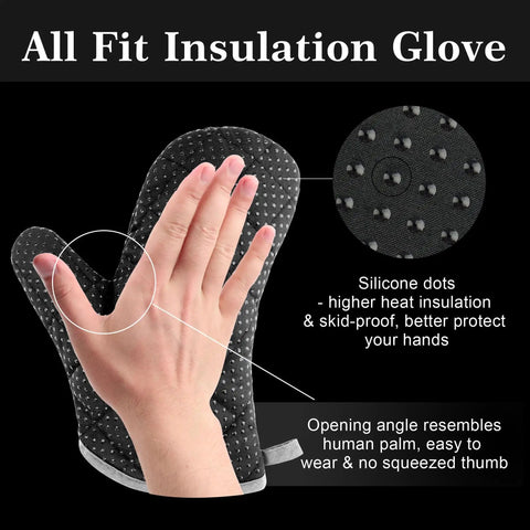 Image of hand wearing insulated glove with silicone dots, part of Pro Grade Stainless Grill Tools Set 3 Piece BBQ Utensils Spatula Tongs Fork With Insulated Glove Built For Outdoor Grillin Rubber Free Design Keeps Handles From Getting Sticky Durable All Stainless Steel Gear The Ultimate Gift For Men And Dads