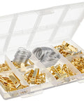 DIY Picture Hanging Hardware Kit 220 Piece Brass Finish Set With 24 Ten Pound, 14 Thirty Pound, hangers, D Rings, Steel Wire in case