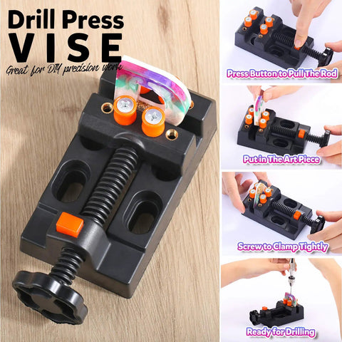 All In One Grab And Go Hand Drill Kit With Pin Vise And Drill Press Vise For DIY Jewelry And Keychain Making in use, showcasing step-by-step clamping with drill press vise.