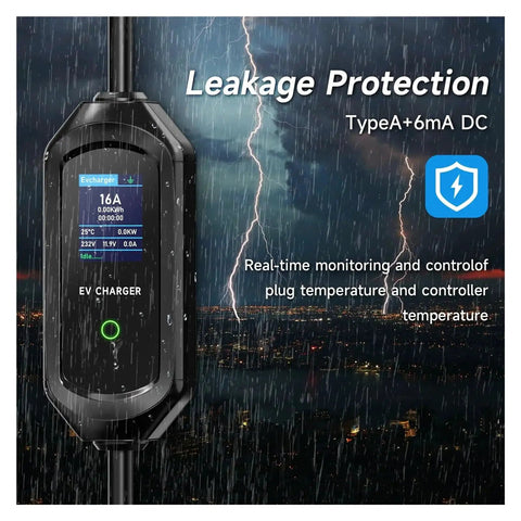 No Sweat Portable 3.5 Kw Ev Charger 16A Fast Charging Cable showing leakage protection and real-time monitoring features.