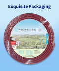 10 AWG Solar Extension Cable 10 Ft With 2 Pairs Solar Connectors in packaging, focus on label and cable coil.