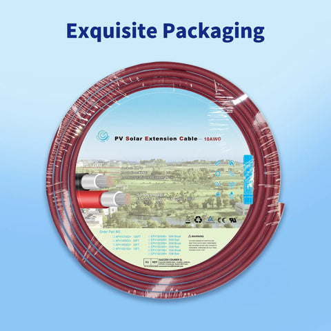 10 AWG Solar Extension Cable 10 Ft With 2 Pairs Solar Connectors in packaging, focus on label and cable coil.