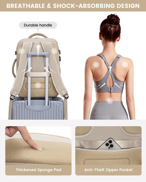 Back view of woman with Must Have Large 40L Travel Backpack for Women TSA Carry On Approved, highlighting straps and sponge pad.