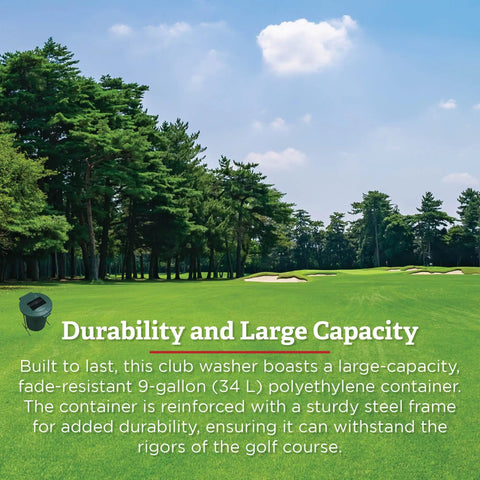 Golf course with text promoting Pro Grade Golf Club Washer For Woods And Irons High Capacity No Splash Cleaner description