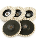 Wool Felt Pro Grade Polishing Wheels Set for Angle Grinder High Density Buffing Discs, 3 Pack, 5 Inch, 7/8 Inch Arbor, close-up view.