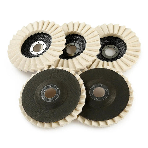 Wool Felt Pro Grade Polishing Wheels Set for Angle Grinder High Density Buffing Discs, 3 Pack, 5 Inch, 7/8 Inch Arbor, close-up view.