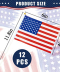 Fourth Of July Flags On Sticks 4x6 Inch Mini American USA Flags for Outdoor and Indoor Decor 12 Pack with size details.