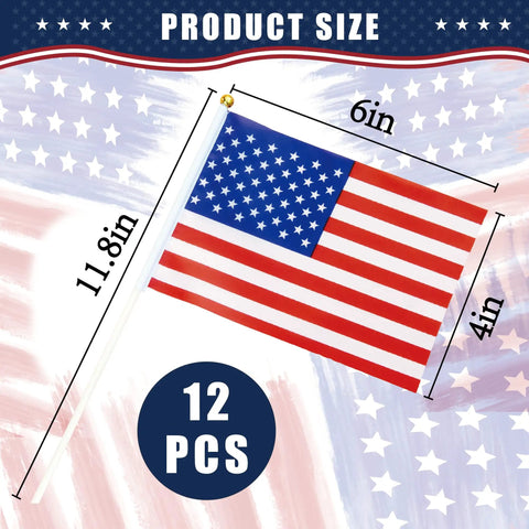 Fourth Of July Flags On Sticks 4x6 Inch Mini American USA Flags for Outdoor and Indoor Decor 12 Pack with size details.