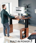 Top Shelf Executive Sit Stand Desk Rich Walnut Top With Generous 71 By 30 Surface Built In Drawers Power Outlet Cable Management Ergonomic Height Adjust Workstation Heavy Hitter Setup in standing position.