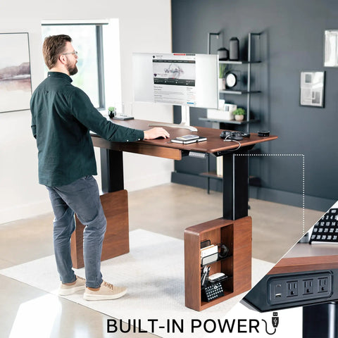 Top Shelf Executive Sit Stand Desk Rich Walnut Top With Generous 71 By 30 Surface Built In Drawers Power Outlet Cable Management Ergonomic Height Adjust Workstation Heavy Hitter Setup in standing position.