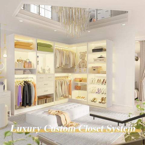 Beat The Clutter Game With This Dope Freestanding Closet System Built To Max Out Your Space Featuring Modular Wardrobe Organizers With 4 Drawers And Hanging Rods Plus A Shoe Rack With Mix And Match Towers Keep It Fresh Anywhere In Your Home, luxury custom closet system with organized shelving, drawers, and a mirror.