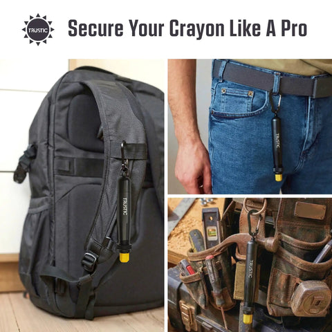 Heavy Duty Lumber Keel Crayon Holder For 1/2 Inch Round Or Hex Crayons attached to backpack and belt in use