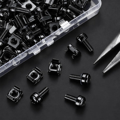 Professional Grade Rack Mount Screws And Cage Nuts Kit With Nylon Washers M6 X 20mm Carbon Steel Hardware for Server Racks, black screws and cage nuts.