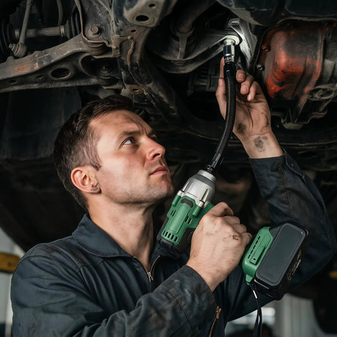 Mechanic using Secure Socket Locking 360 Degree Flexible Wrench Extension Rod For Workin In Tight Spots under a vehicle.
