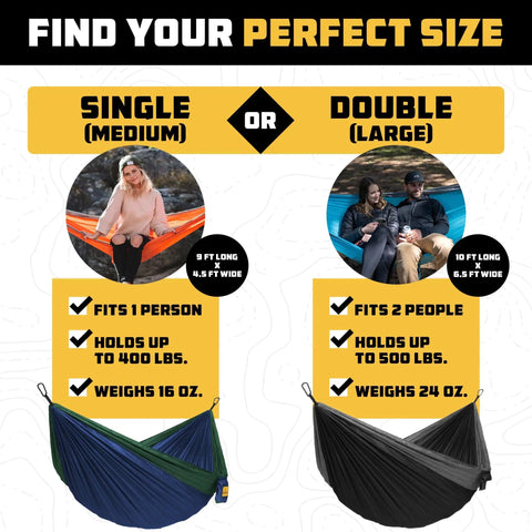 Portable Camping Hammock With Tree Straps Up To 400 Lbs Built For Outdoor Adventures Easy Setup In Seconds Lightweight Single Size Durable For Camping Hiking And Travel Sage Green Workhorse For Any Adventure, single and double options shown.