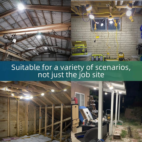 Ultra Bright 40W LED Construction String Light With 5000 Lumens Per Head, 50 Feet Run, used in various indoor and outdoor settings