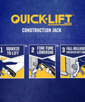 Quick-Lift construction jack infographic on blue background showing three step instructions.