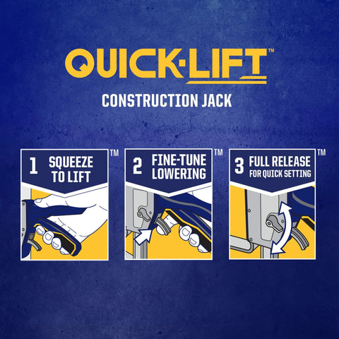 Quick-Lift construction jack infographic on blue background showing three step instructions.