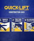 Quick-Lift Construction Jacks illustration showing squeeze to lift, fine-tune lowering, full release for quick setting.