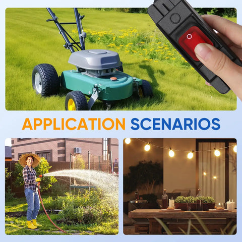 Outdoor Extension Cord With On Off Waterproof Switch 15A 125V Grounded 3 Prong Plug Tough As Nails Heavy Duty 1875W Short Outdoor Cord For Lights Black 14 Gauge 3 Wire SJTW Switch Cord Outdoor Light Control shown in use with lawn mower, garden hose, and string lights