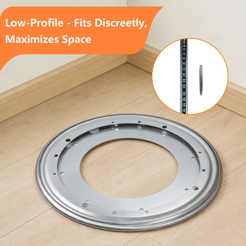 Heavy Duty Lazy Susan Bearing 8 Inch Turntable Hardware 400 Pound Capacity Zinc Plated on floor with detailed edge view