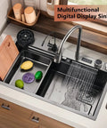 Stainless steel kitchen sink 76 x 50 cm 360° swivel faucet black cutting board included combining durability and style perfect for modern kitchens.