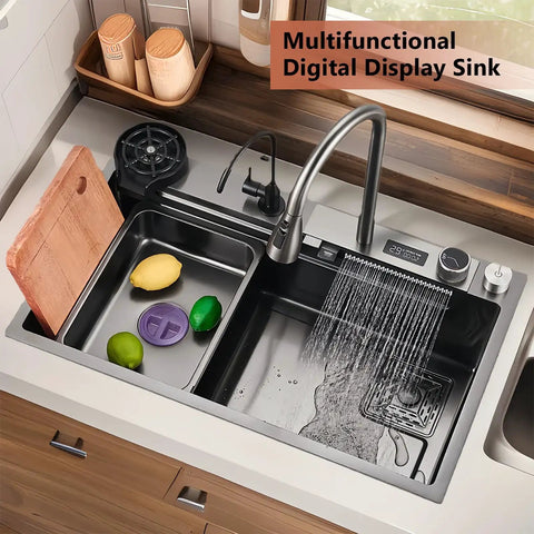 Stainless steel kitchen sink 76 x 50 cm 360° swivel faucet black cutting board included combining durability and style perfect for modern kitchens.