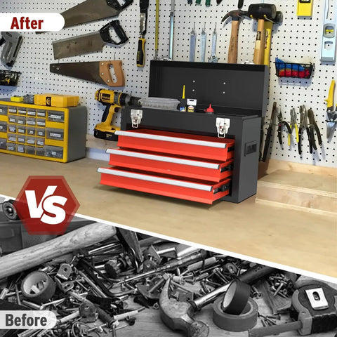Comparison of organized garage with Three Drawer Portable Steel Toolbox With Locking System and cluttered with scattered tools.