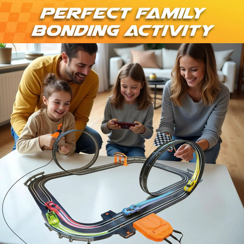 Family enjoying Fast Action Slot Car Track Set With Double Loop 1 To 64 Scale Cars and controllers on table