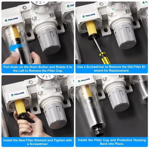Demonstrating installation process of Three In One Oil And Air Regulator Filter With Lubricator Cup for air tools system.