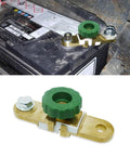 Heavy Duty Side Post Battery Disconnect Switch with green handle, zinc plated copper, mounted on vehicle battery.